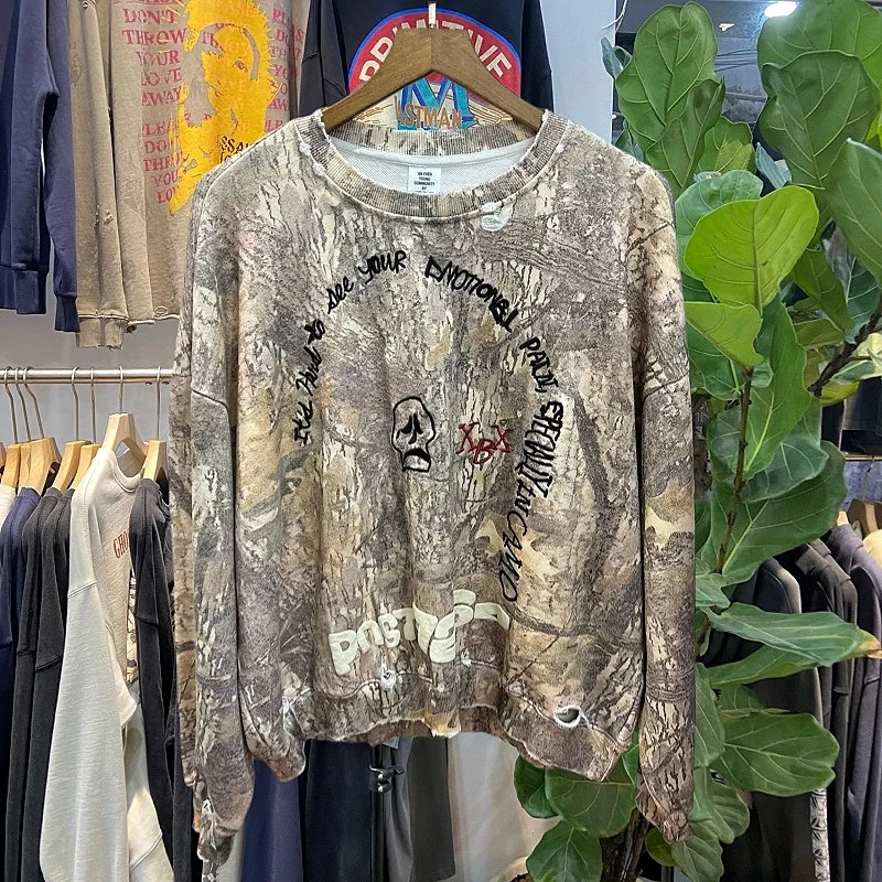 

Retro American Hip Hop Sle Camouflage Print Sweatirt Men's Loose round Ne Long Sve Trendy Vintage Top
