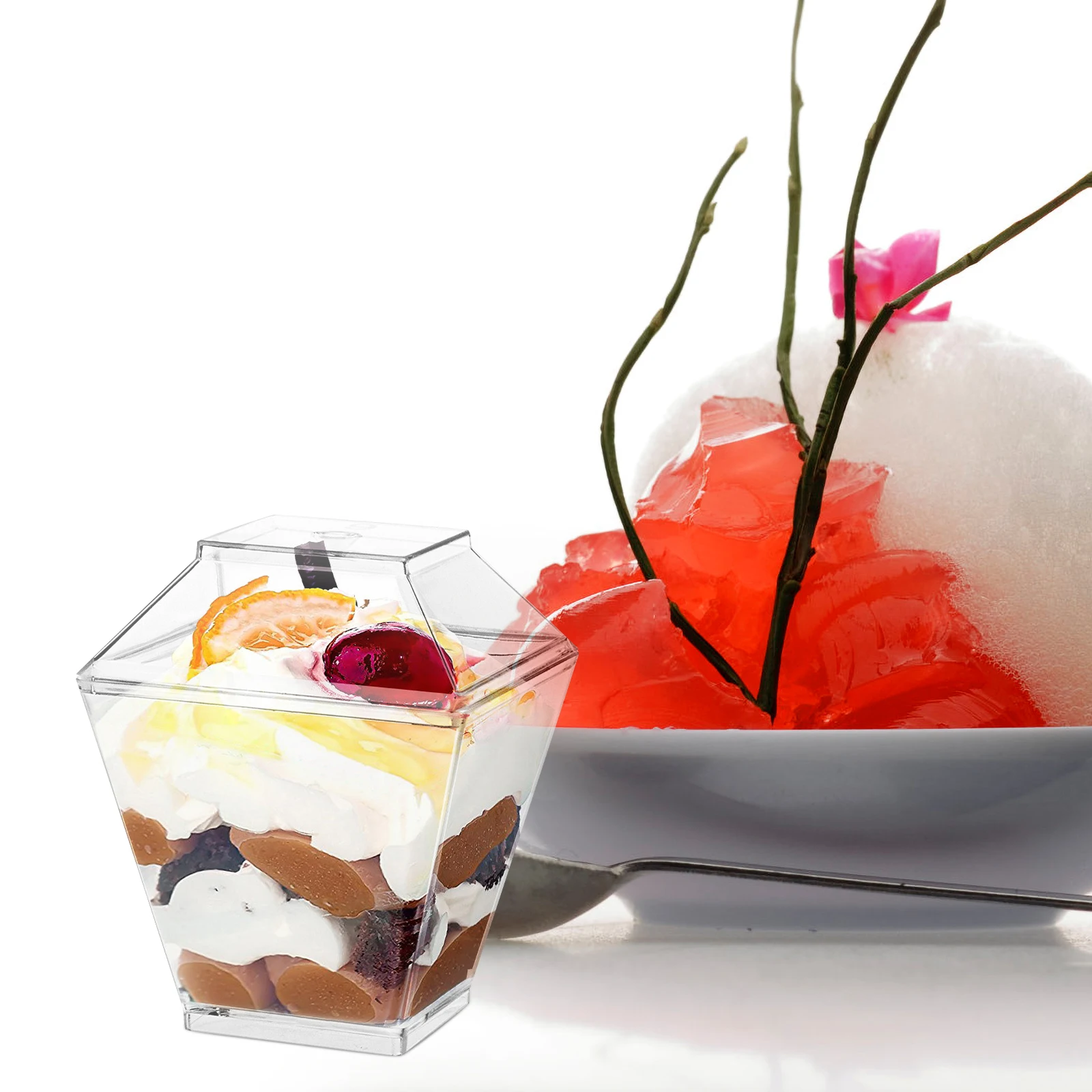 

50 Sets 60ml Transparent Square Dessert Cups Mousse Cake Ice Cream Pudding Containers Lids Spoons Reusable Safe Plastic