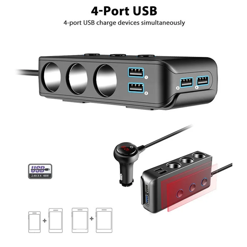 ABFN-Car Charger QC3.0 Fast Charging Cigarette Lighter Adapter Phone Charger With Switch Voltage Display