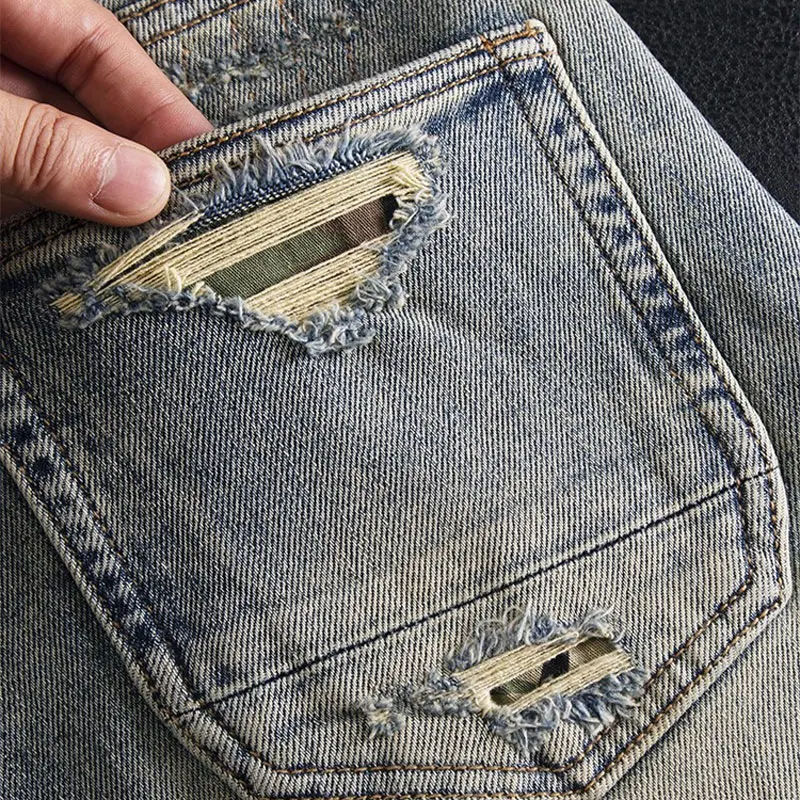 Pantalones vaqueros de diseñador callejero para hombre, Vaqueros rasgados con agujeros ajustados elásticos Retro Azul de alta calidad, pantalones vaqueros Vintage de Hip Hop para hombre