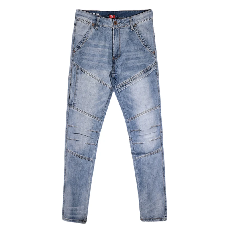 Street Fashion Men Jeans Retro Light Blue Stretch Slim Fit Biker Jeans High Quality Spliced Designer Hip Hop Denim Pants Men