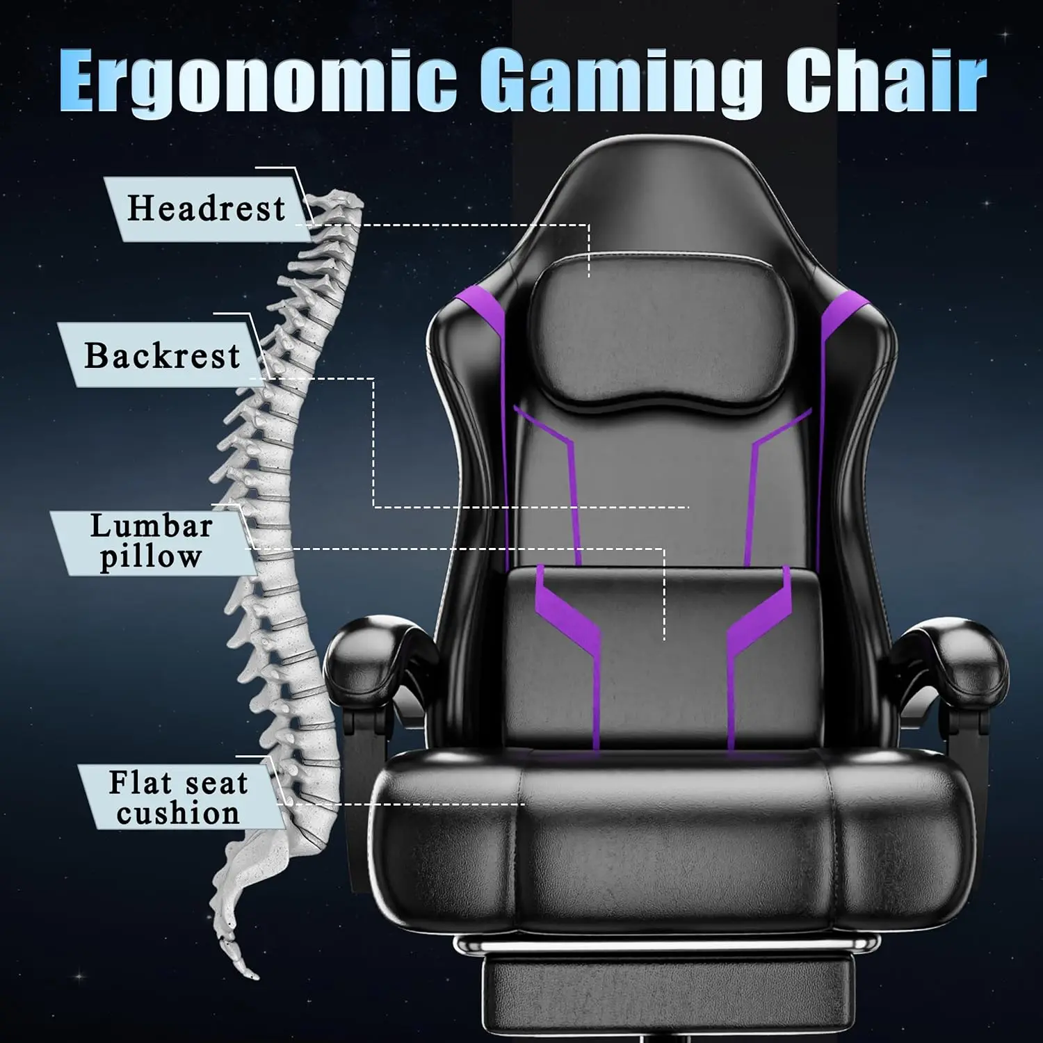Ergonomic Gaming Chair with Pocket Spring Cushion and Footrest, Height Adjustable Swivel Computer Chair for Home Office, Purple view 6