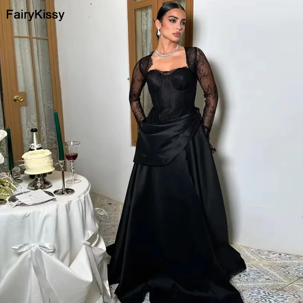FairyKissy Saudi-Arabien Schwarz Langarm Ballkleider Trägerloses Plissee Abendkleid Bodenlangen vestidos de novia Partykleid
