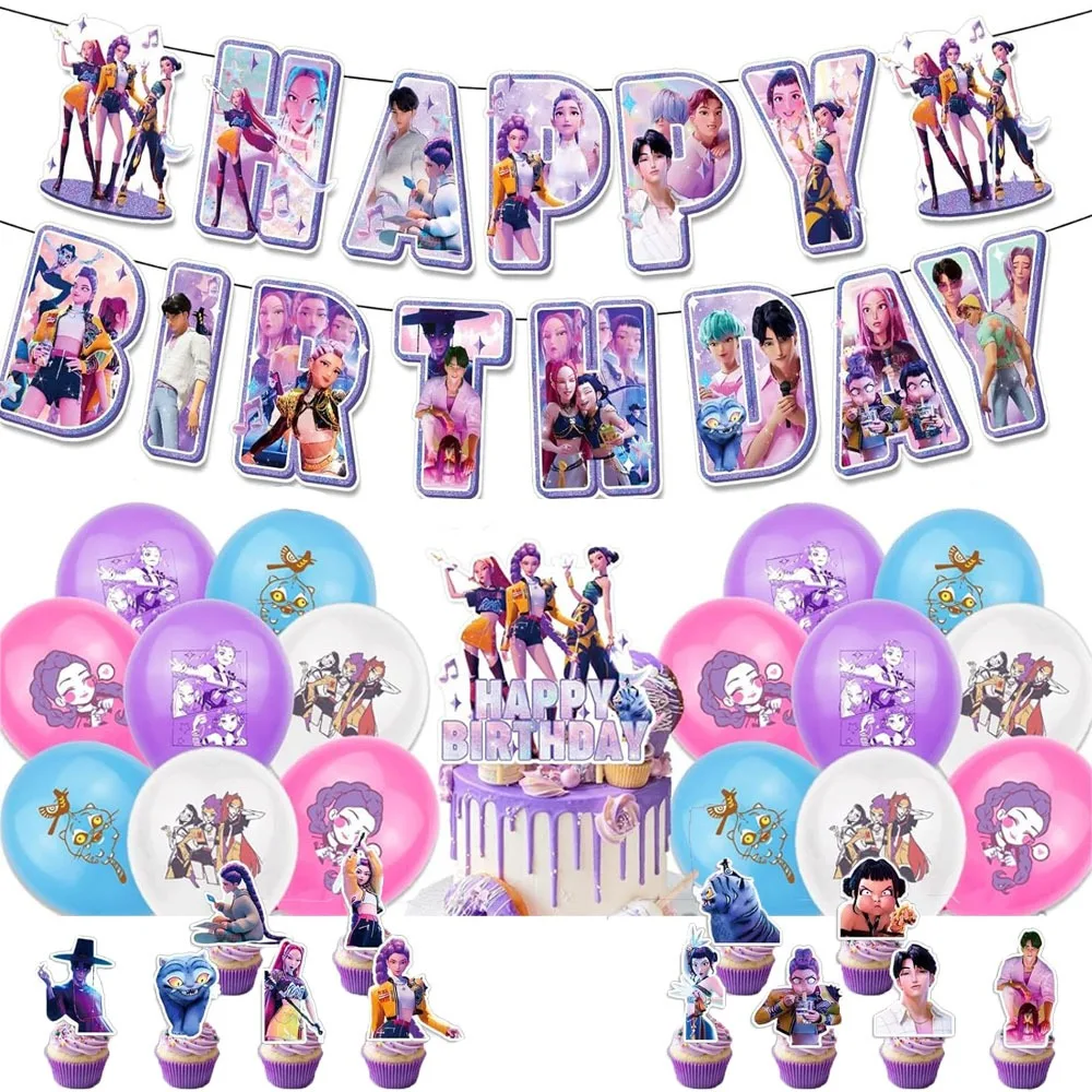 مجموعة لوازم حفلات أعياد الميلاد بطابع شيطان الصيادين من KPOP، لافتات زينة مفرش المائدة، أغطية الكيك، بالونات ومغازل معلقة