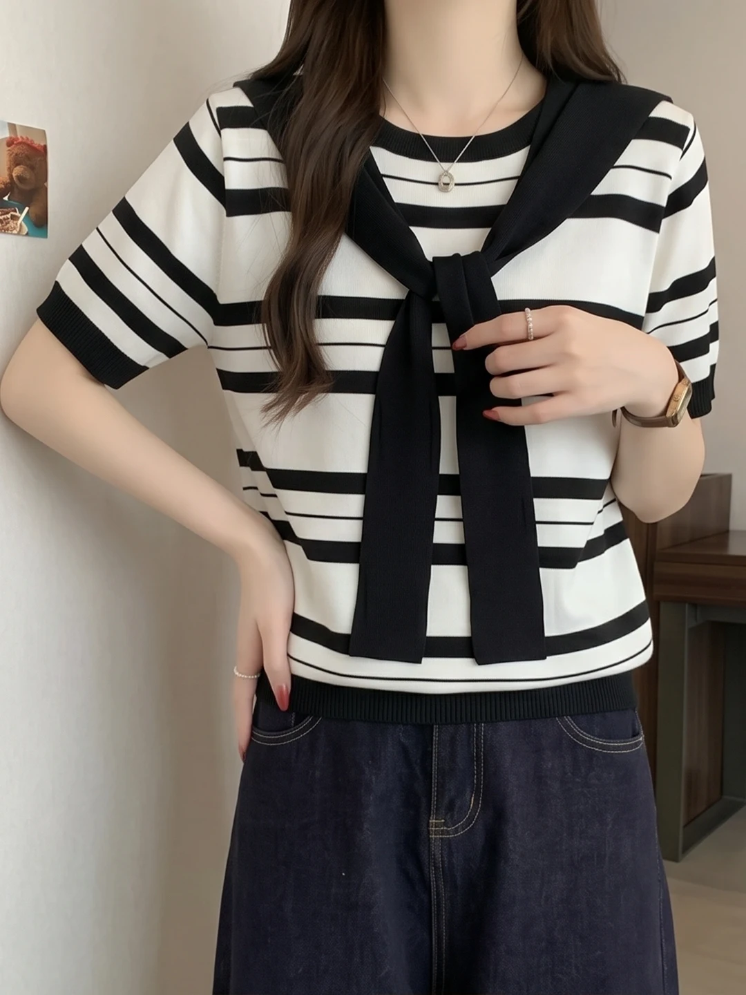 

plus Size Preppy Style Shoulder Wrap Striped Short Sleeve Knit Top Women's Fashion Summer Slimming Versatile Casual Shirt