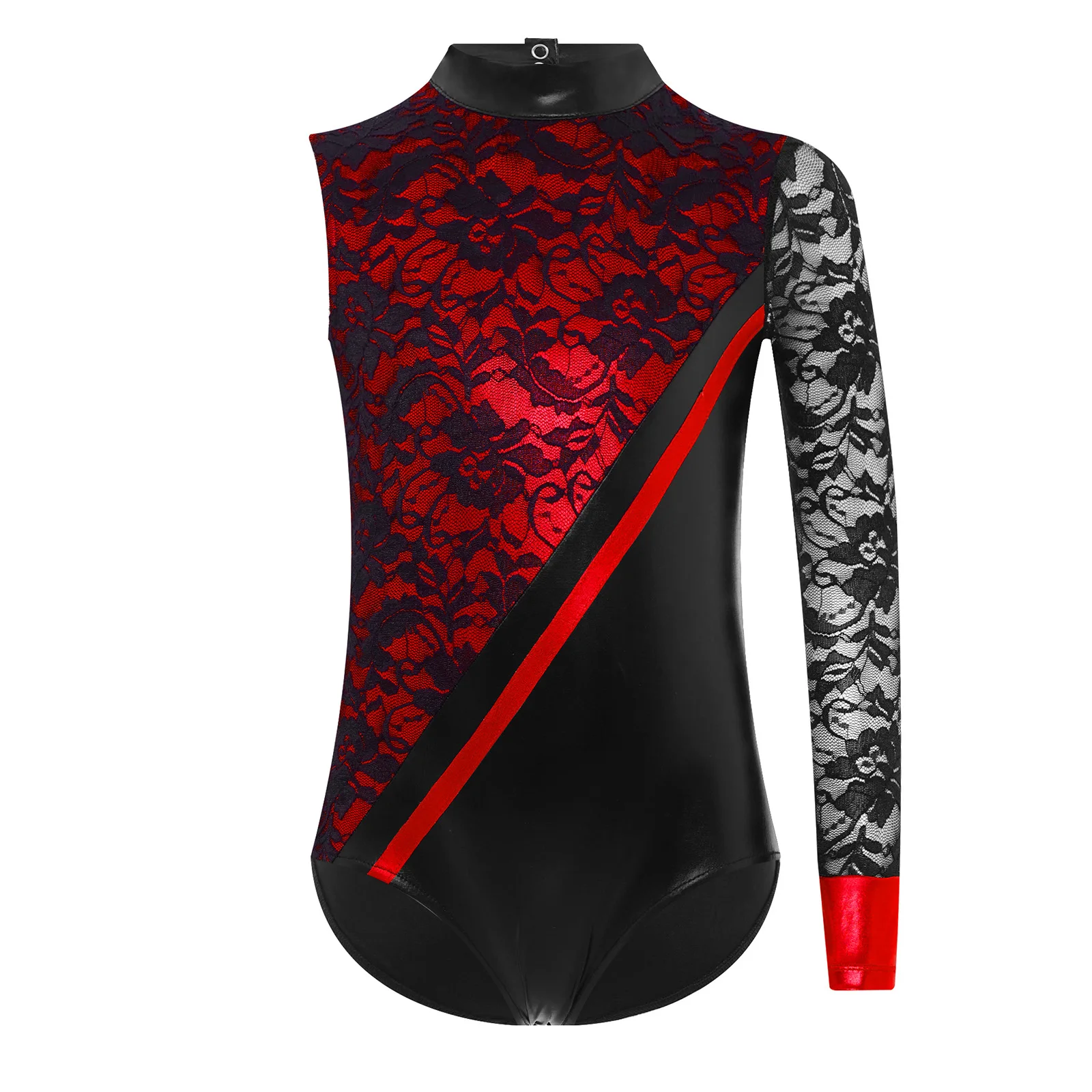 Children Girls Cutout Back Asymmetrical Lace Color Block Leotard Bodysuit for Ballet Dance Figure Skating Gymnastics Performance