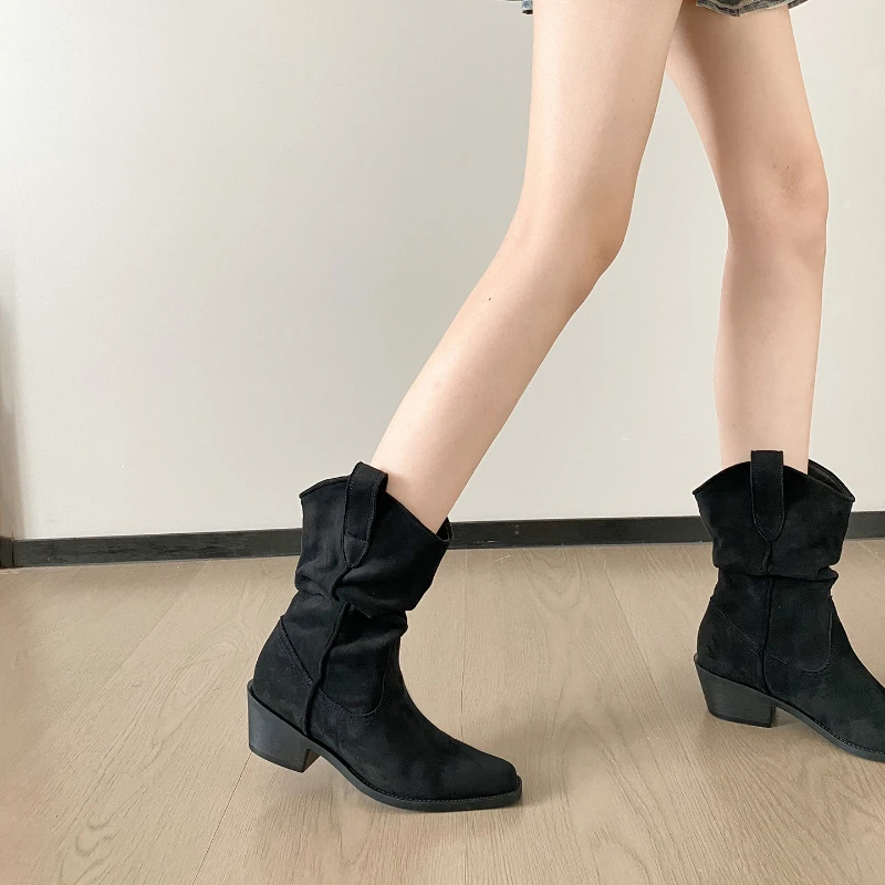 Retro Women Chunky Heel Pointed Toe Mid Calf Knight Boots Slim Fit Stacked Vulcanized Boots