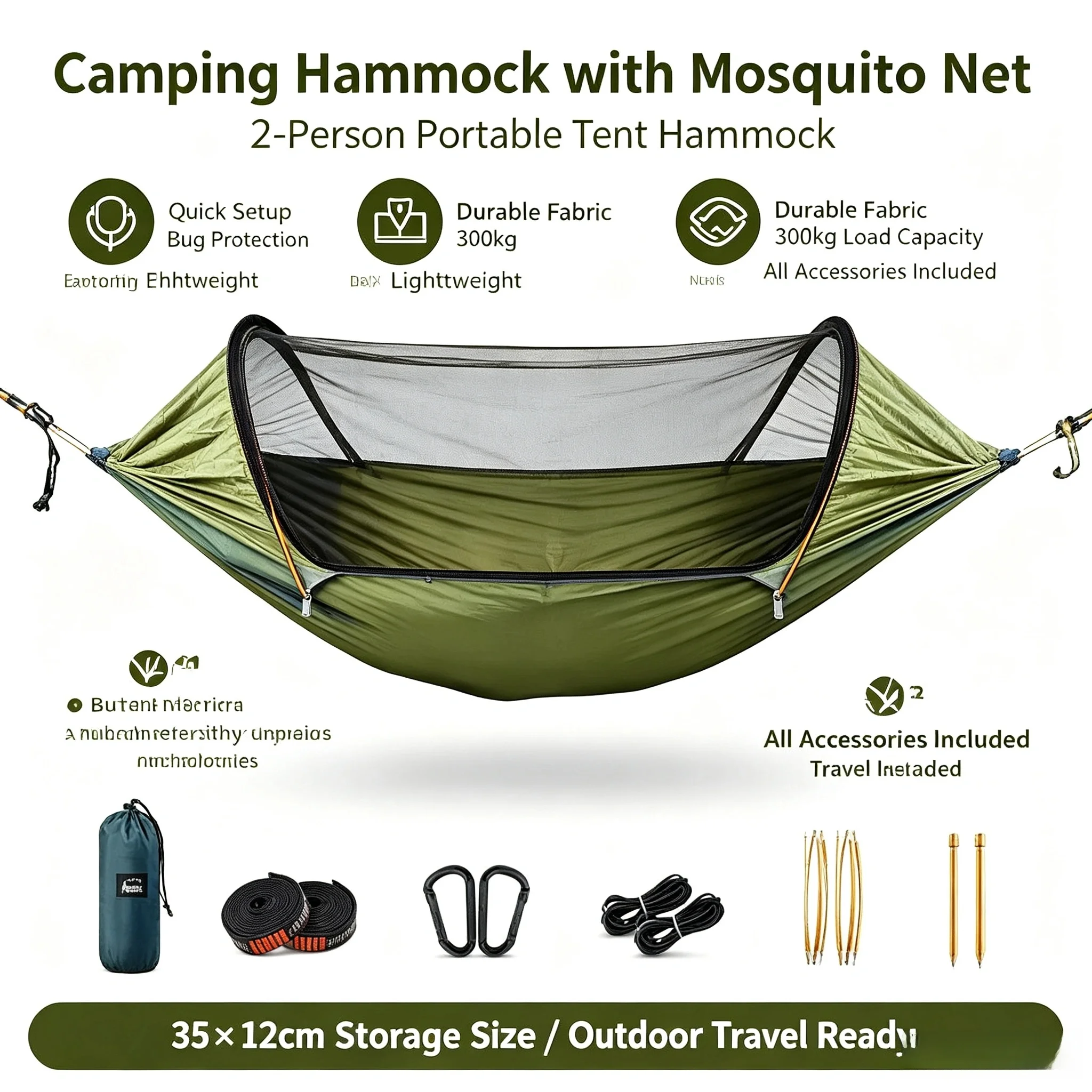 Outdoor Camping Nylon Fabric Hammock Large Space Anti-rollover Mosquito Net Hammocks Wear-resistant 200KG Load-bearing Hammock