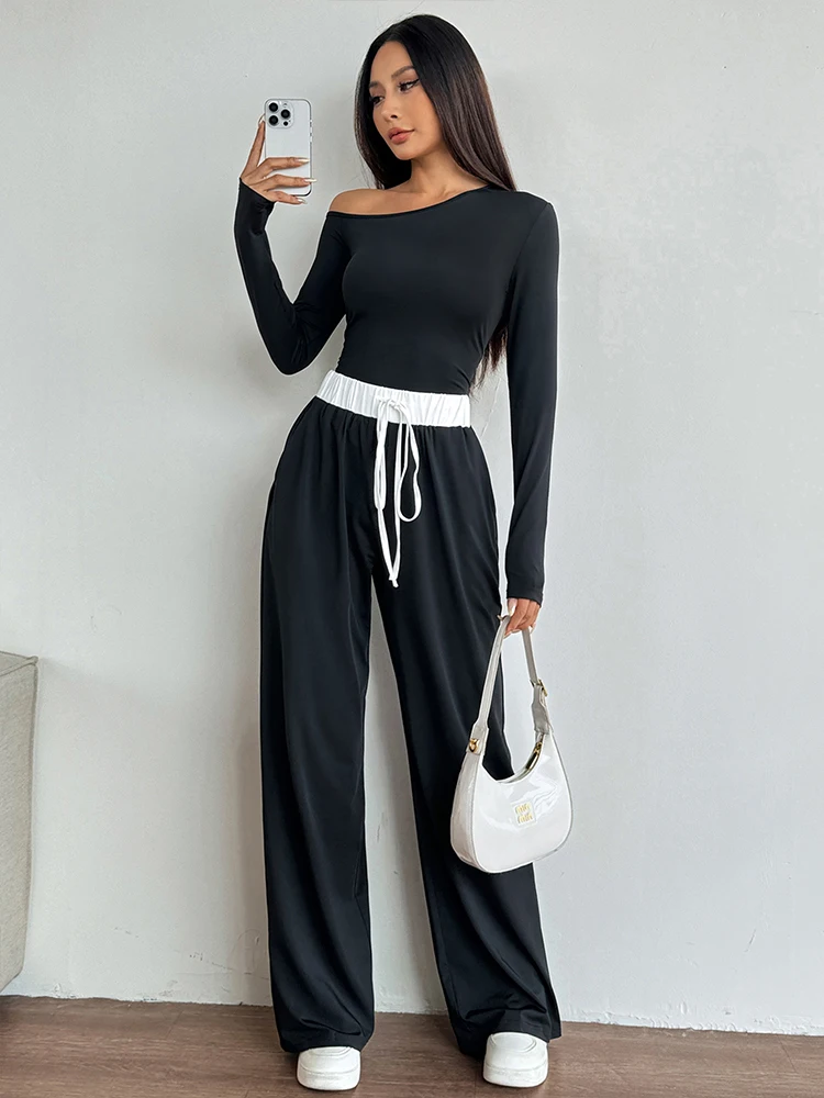 

Осенняя новая женская футболка с длинными рукавами, брюки, уличная одежда из 2 предметов, модный лоскутный костюм, элегантная женская сексуальная повседневная тонкая одежда