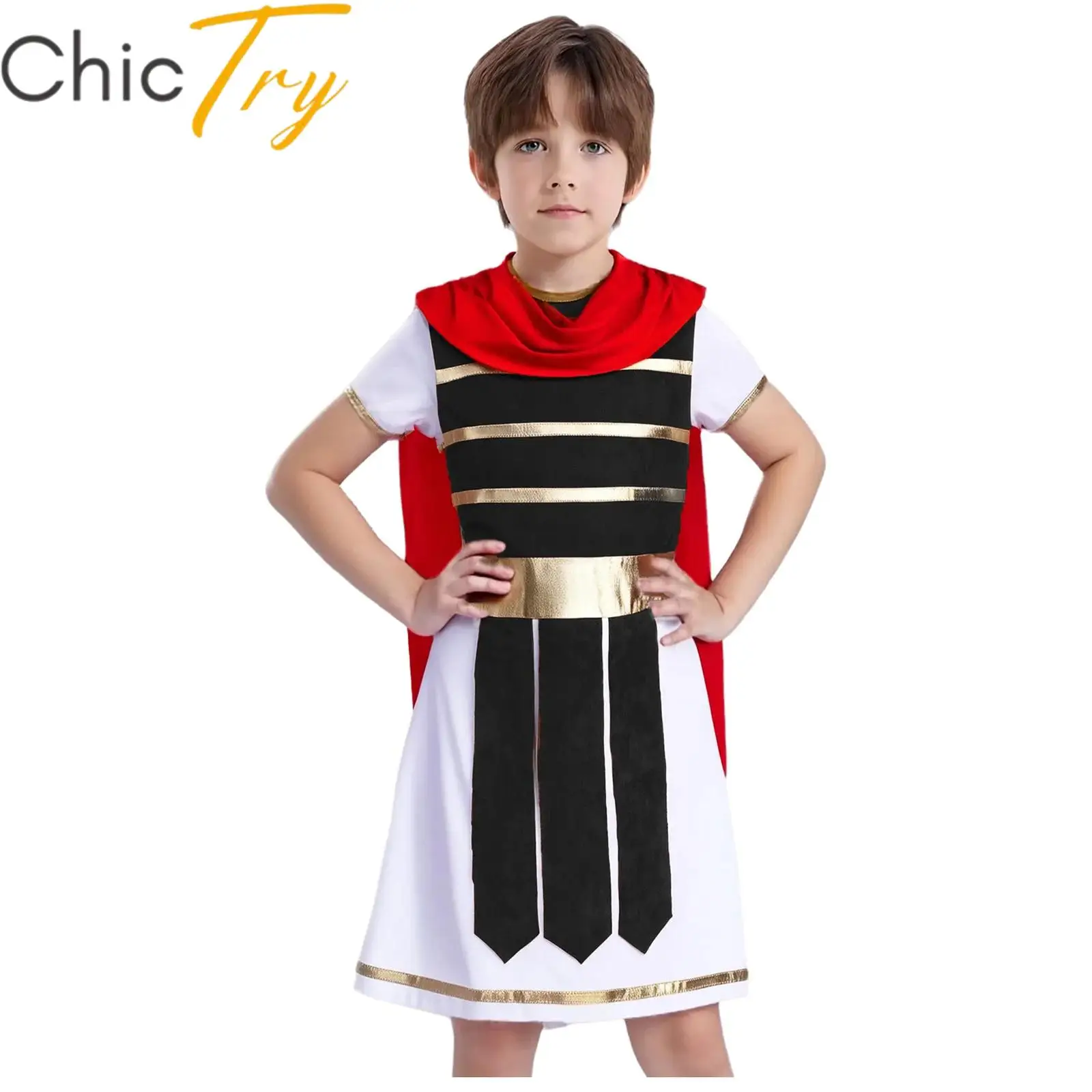 

Boy Ancient Roman Spartan Warrior Costume Cosplay Party Robe Medieval Soldier Gladiator Roleplay Short Sleeve Attached Cape Gown