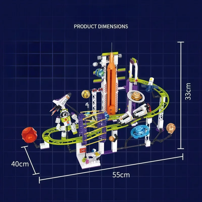 Space-themed roller coaster building blocks, solar system assembly set, ring orbit construction kit, rocket tower assembly block view 3
