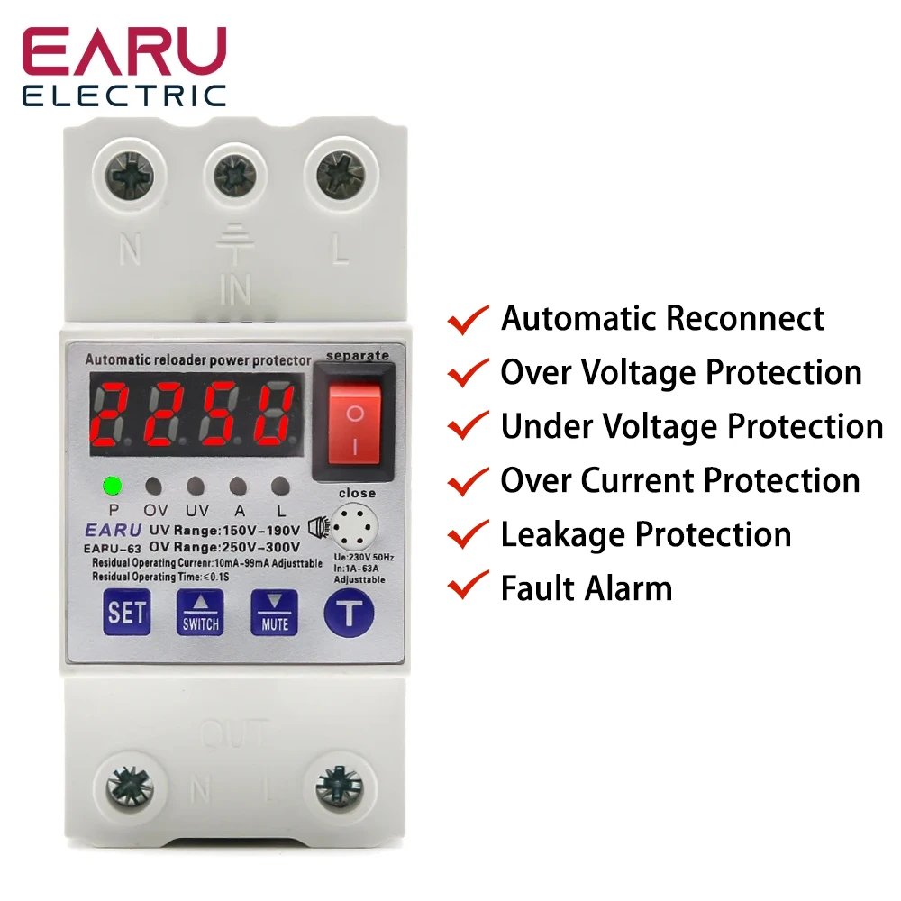 63A Automatic Reconnect Circuit Breaker Over And Under Voltage Over Current Leakage Protection Surge Protect Protector Relay