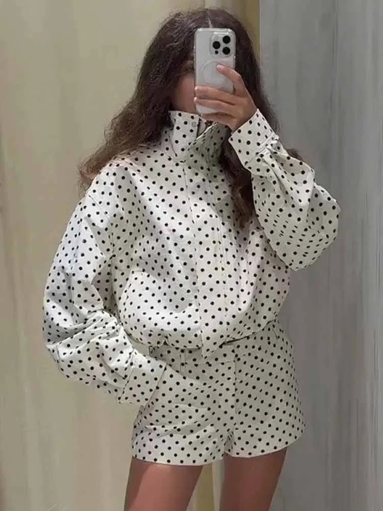 

MCDV Fashion Jacket Shorts Woman Polka Dot 2 Piece Set Loose Stand Collar Zip Drawstring Coat High Waist Shorts Suit Autumn 2025