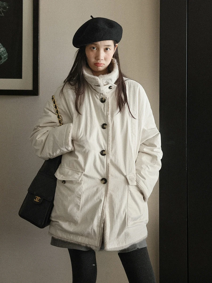 

Утепленная женская куртка Lalaglow Snowy Commute с двусторонним ношением, свободного кроя, средней длины, с меховым воротником, из смесового хлопка и нейлона, на молнии