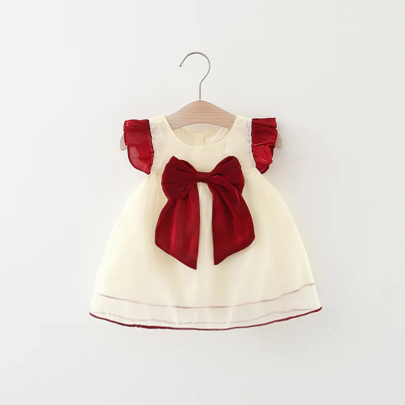 New Year\'s Dress Girl\'s Summer Dress Solid Red Flying Sleeves Bow Twilight Cloud Princess Dress Suitable for 0-3 Year Old Babies