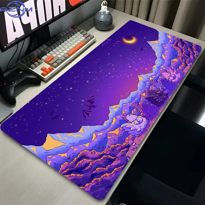 Pixel Art Green Mountain Scenery Large Desk Mat, Colorful Nature Gaming Mouse Pad Non-Slip Lock Edge