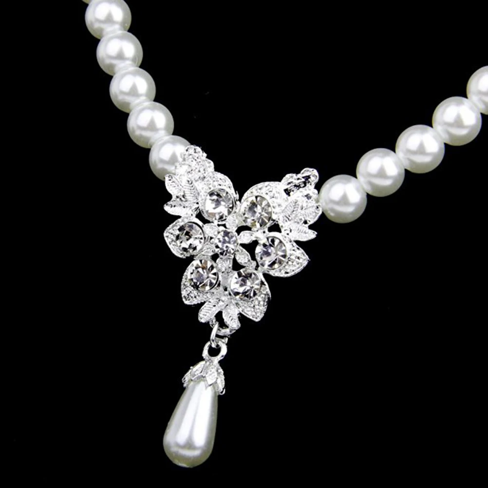 

Faux Pearl Necklace Earrings Set Rhinestone Pendant Charms Jewelry Decor Prom Party Accessories Lightweight Durable