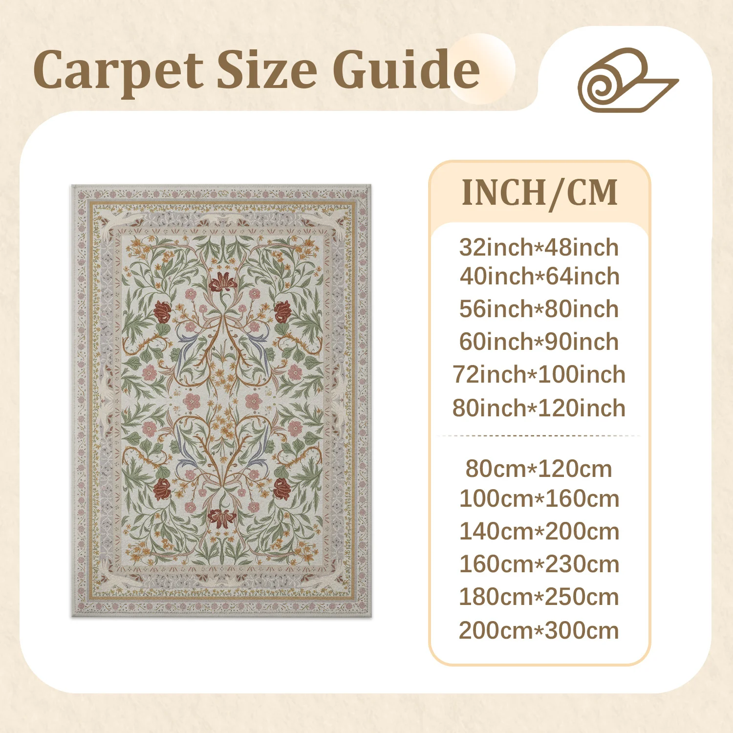 Large Botanical Floral Indoor Area Rug, Soft Velvet Low Pile Floor Rug with Non-slip Dotted Backing, Machine Washable Vintage Pattern Rug for Living Room, Bedroom, Neutral Home Decor