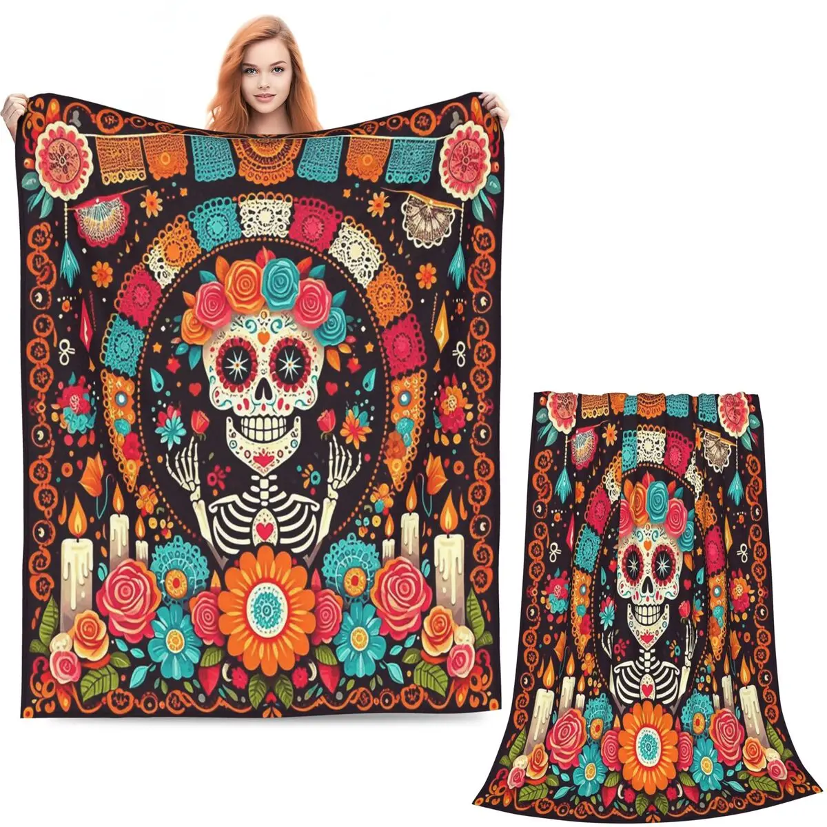Mexican Skull Calavera Illustration Blanket Soft Warm Flannel Throw Blanket Bedding for Bed Living room Picnic Travel Home Couch