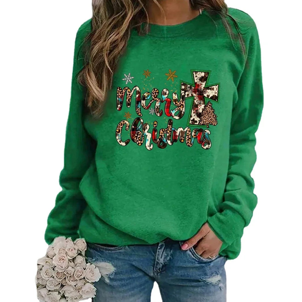 Christmas Letter Skeleton Hand Print Long Sleeve Crew Neck Hoodie for Women Sweatshirt  Aesthetic  Sweatshirts