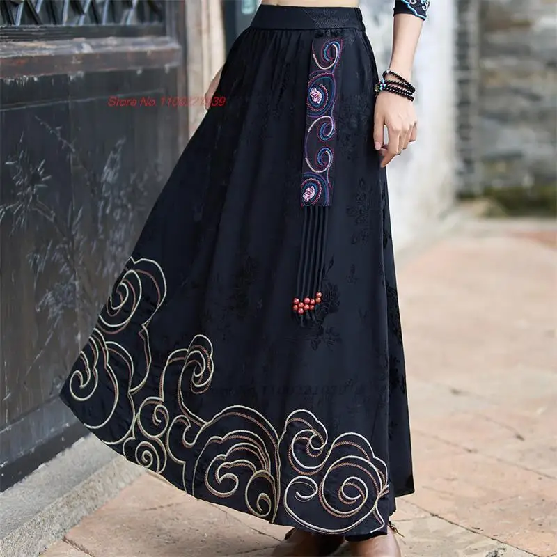 2025 traditional chinese vintage skirt national flower embroidered satin jacquard skirt oriental elastic waist folk a-line skirt