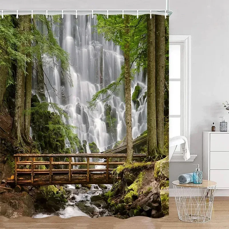 

JHB23Tropical Jungle Shower Curtain Rainforest Plant Waterfall Spring Flowers Forest Nature Landscape Fabric Bathroom Curtai9Kj(