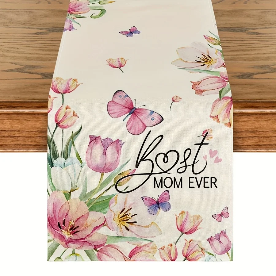 Table Runner Table Decoration For Mom Best Mom Ever Single Sided 2D Print Floral Pattern Pink Tulips Butterflies Home Decor Gift