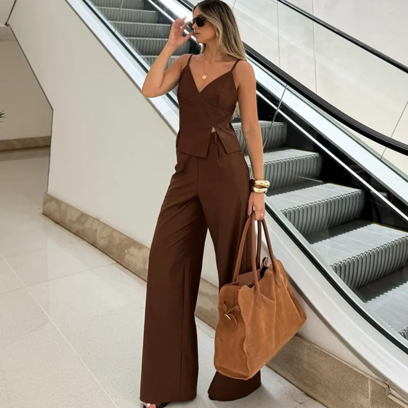 

2025 Summer Solid Two Piece Set For Women V Neck Sleeveless Top High Waist Wide Leg Pant Sets Female Fashion Style Outfits