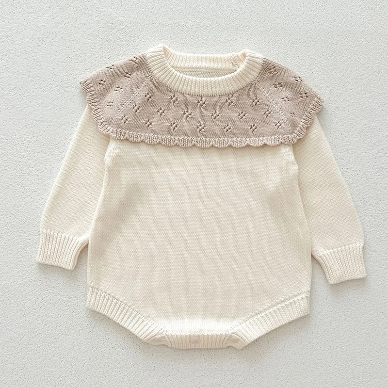 2024 New Autumn Baby Girl Knitted Clothing Newborn Baby Girls Knitted Bodysuits Long Sleeved Splicing Korean Style Climbing Suit