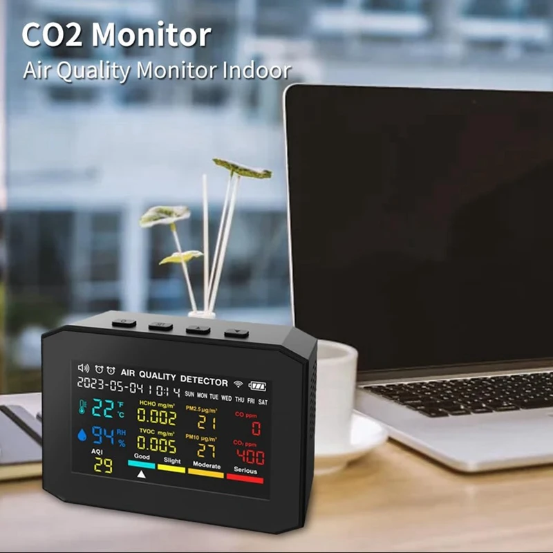 Monitor de qualidade do ar interno, detector de qualidade do ar com exibição de data e despertador, monitor ABS CO2 preto