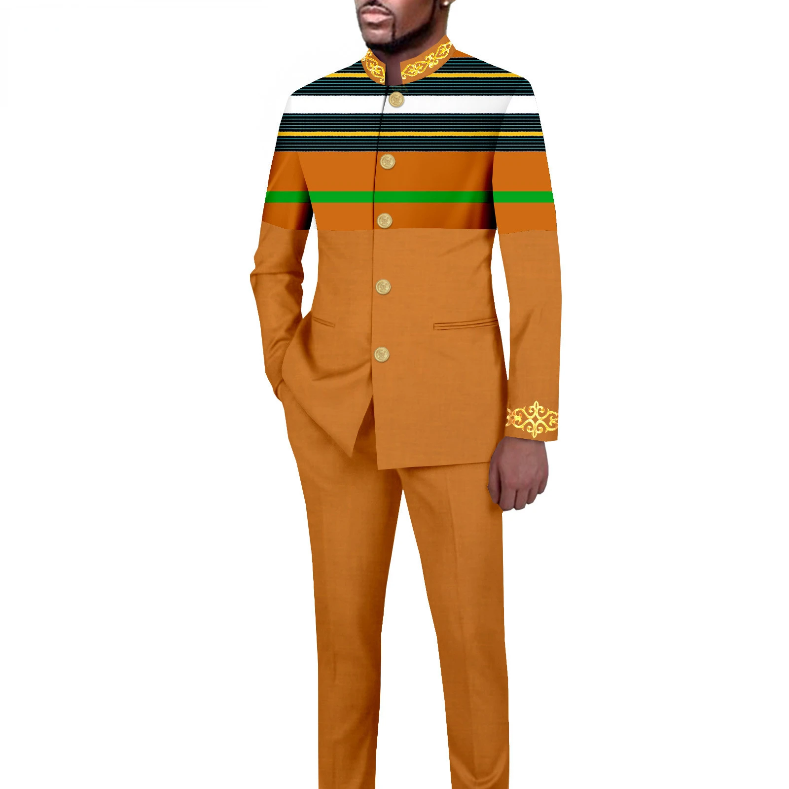 Abito da uomo su misura tinta unita monopetto colletto alla coreana Blazer lungo stile africano 2 pezzi giacca pantaloni abbigliamento uomo uomo