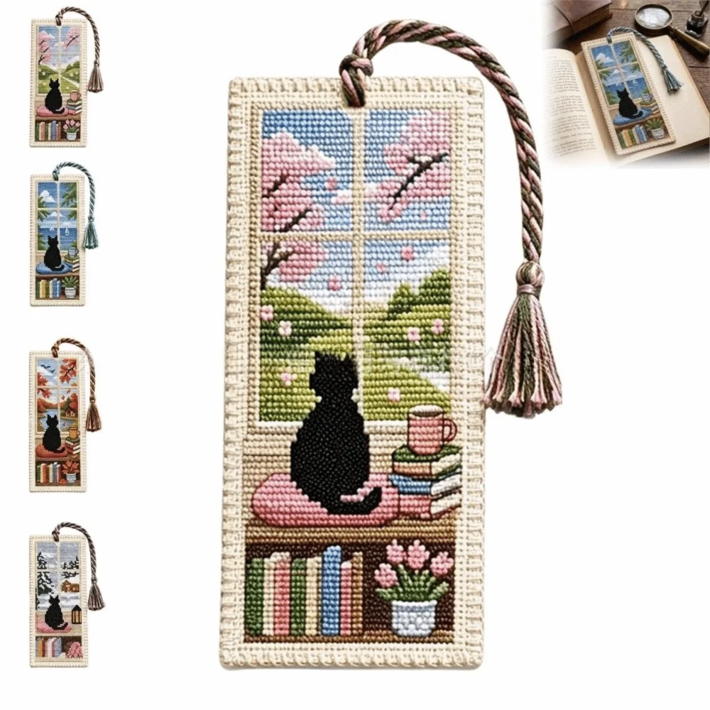 Seasonal Cat Cross Stitch Bookmark Material Kit Handcrafted with Braided Rope Embroidery Page Marker Embroidery Kit Women Girls