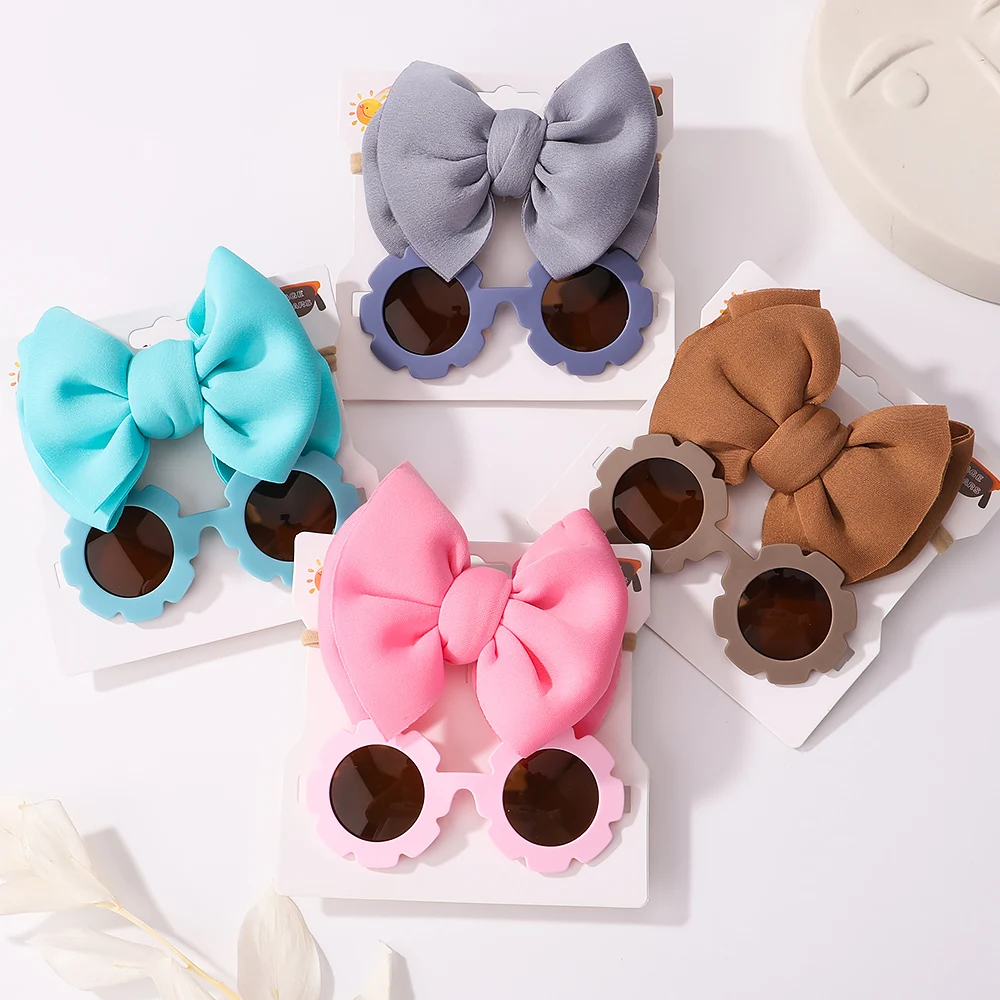 

2pcs Baby Sunglasses Hair Band Set Girls Kids Children Cute Cool Toy Shade Glasses Bows Headband for 0-5 Years Hair Accessories