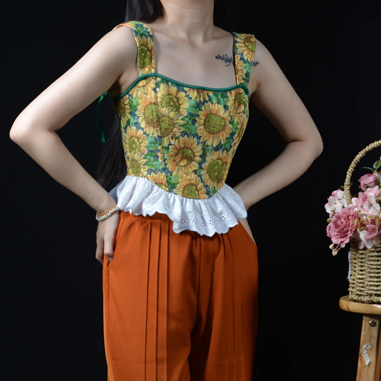 Bustiers de girasol para mujer, corsés para Abdomen, chaleco por encima del busto, faja de cintura adelgazante, corpiños con cordones, camisetas sin mangas informales Coustume