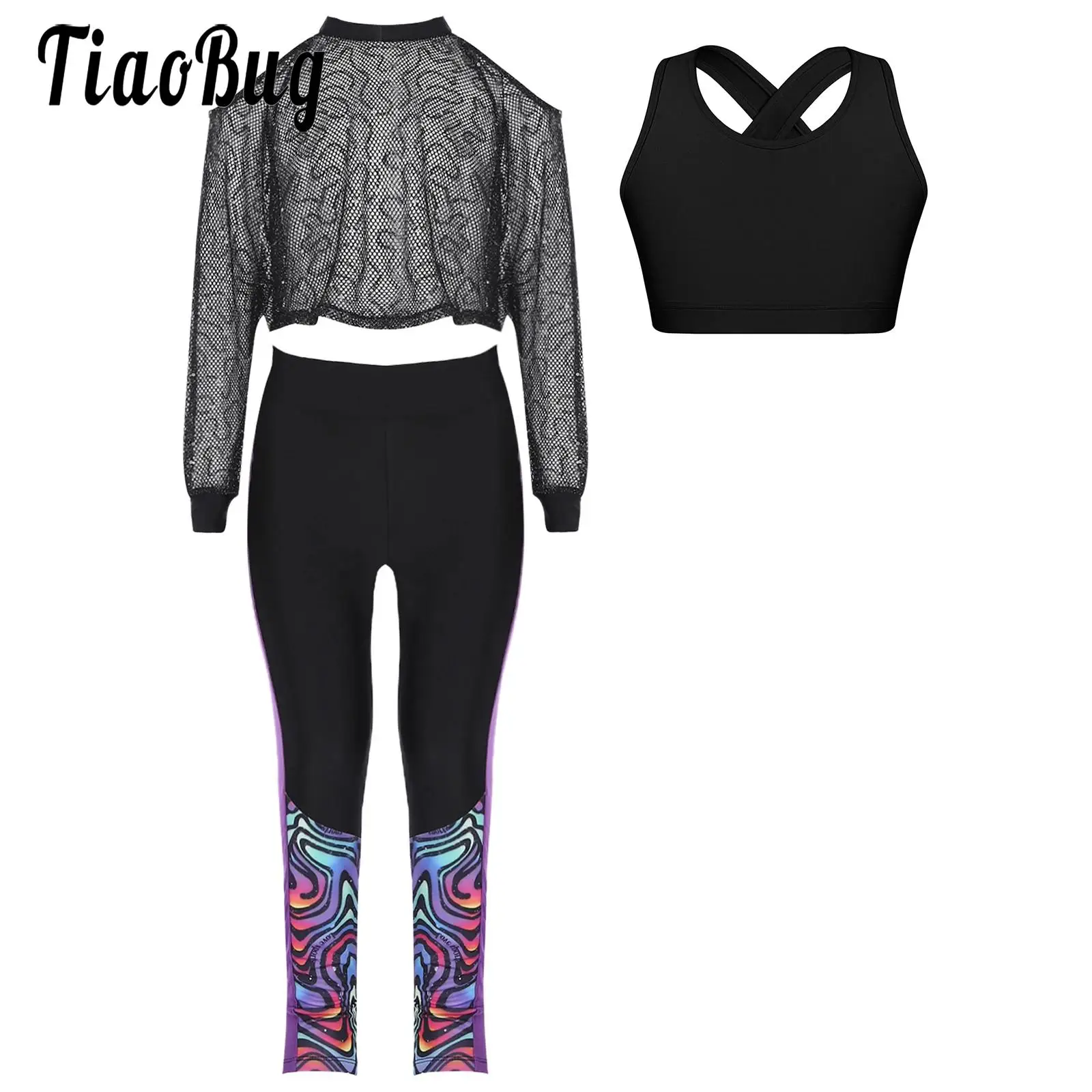 

Kids Girls Hip Hop Street Dance Outfits Sportswear Long Sleeve Net Cover Up Top Vest and Leggings Set for Dance Yoga Gymnastic