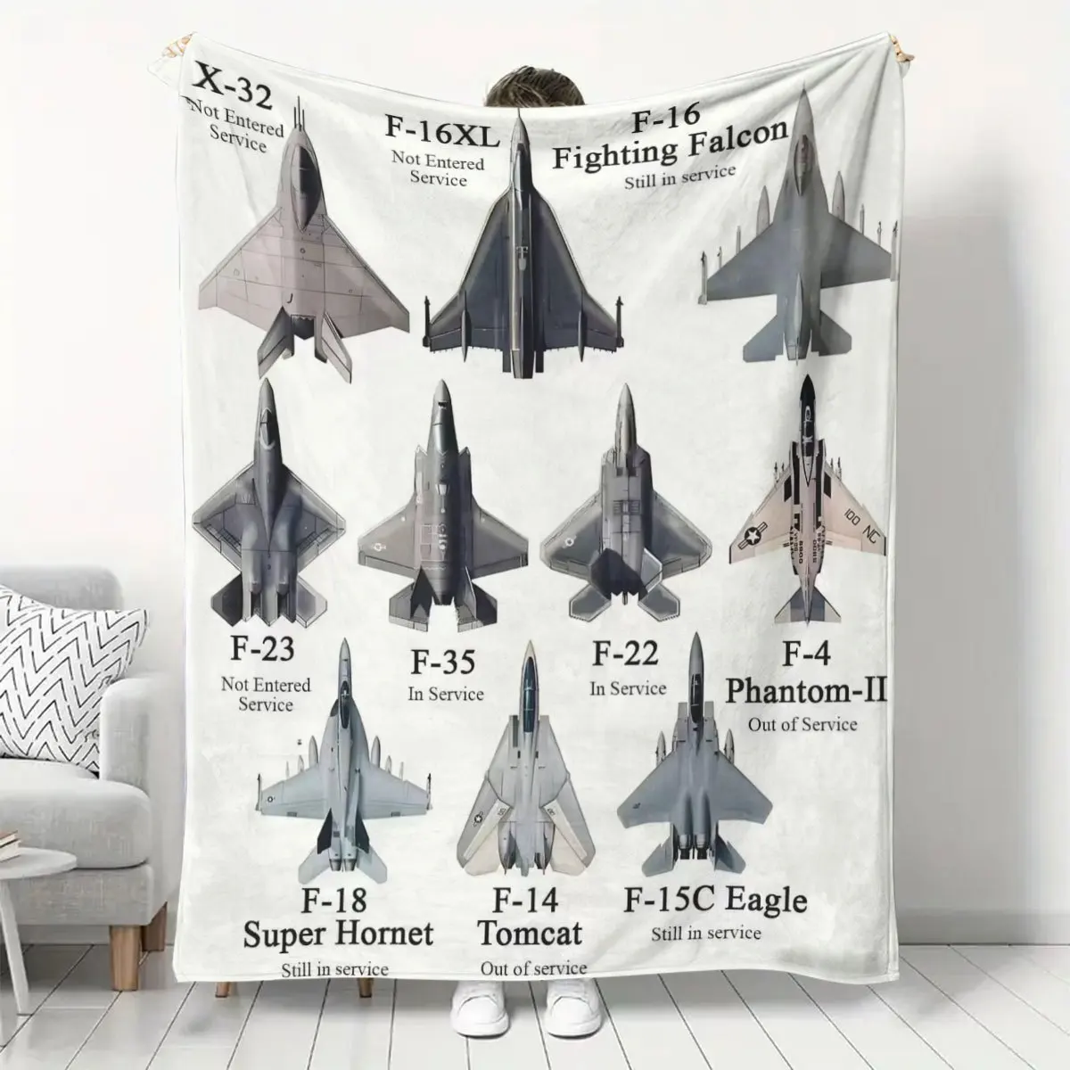 Mid-Century Modern Fighter Jet Design Flannel Throw Blanket - Soft All-Season F-22 Raptor to F-16 Falcon Collection - Aviation