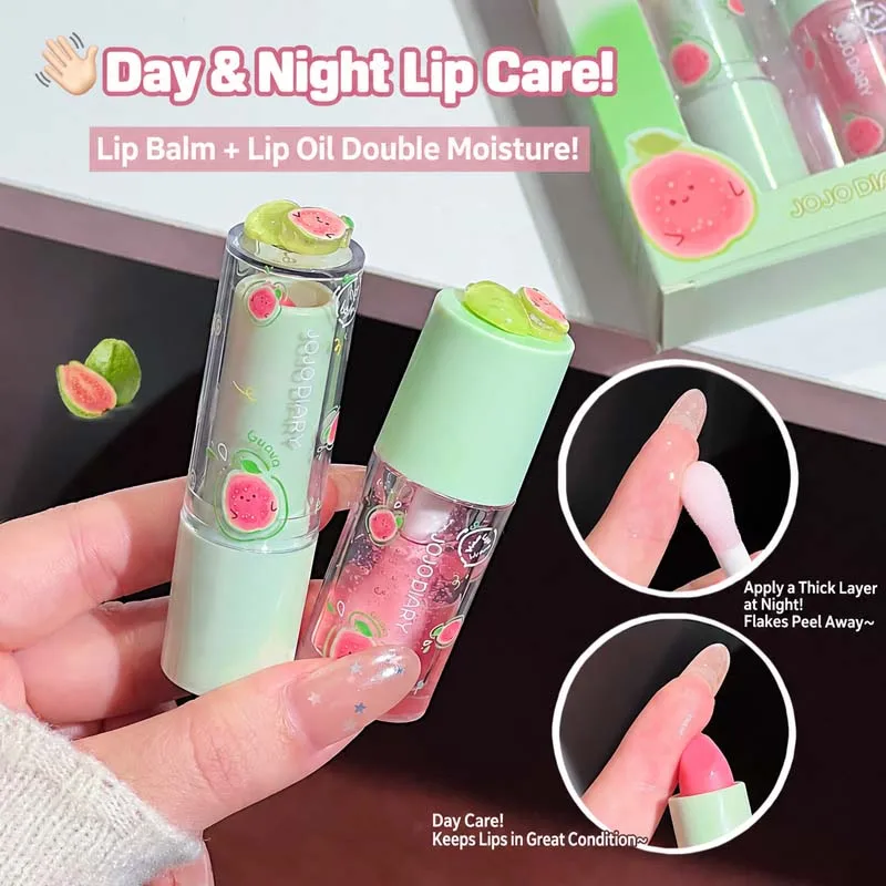 JOJO DIARY Guava Lip Balm Lip Oil Set Hydrating Moisturizing Glossy Lip Care Non-Sticky Plumping Day Night Lip Treatment