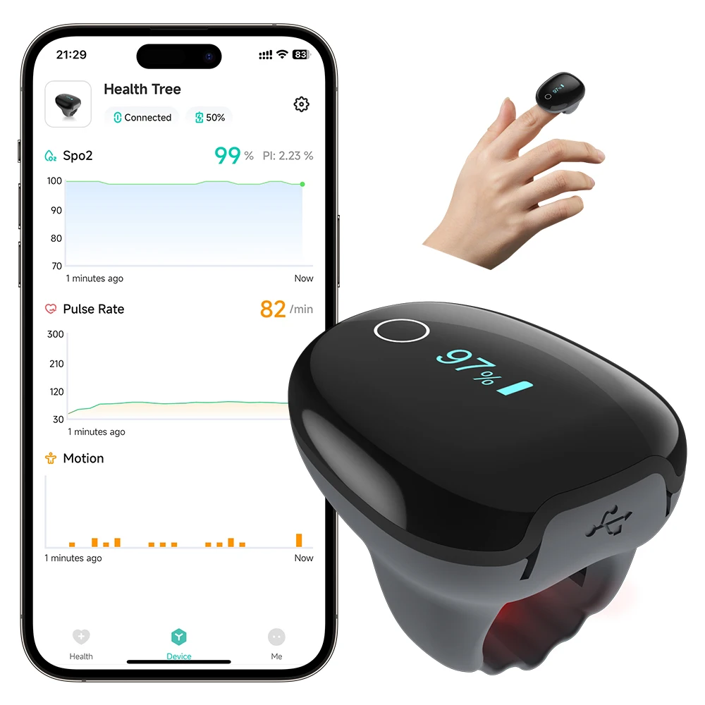HealthTree O2 Ring Pulse Oximeter Ring Oximeter Heart Rate Monitor Overnight Blood Oxygen Monitor SpO2 Meter Bluetooth
