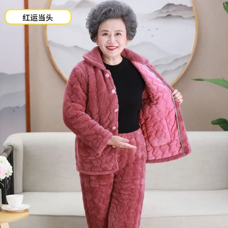 

Women's pajamas middle-aged and elderly winter mother Sleepwear Solid Color thicken Pajama coral fleece homewear plus size suit