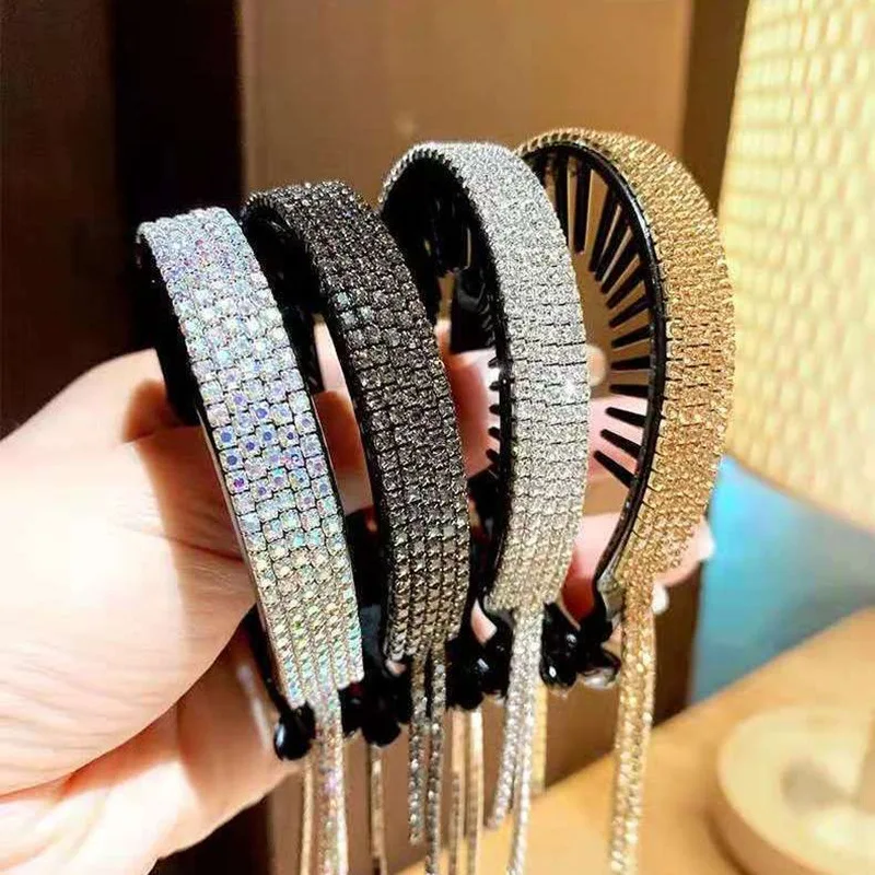 Luxury Rhinestone Tassel Hair Claws For Women Headwear Elegant Long Tassel Hair Clips Sweet Barrettes Fashion Hair Accessories