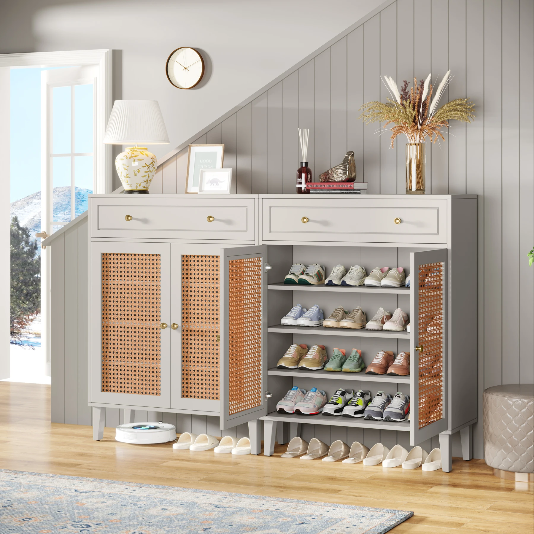 Shoe Cabinet with Doors and Drawer, Modern Shoe Storage Cabinet for Entryway, Mint Green Rattan Shoes Cabinet