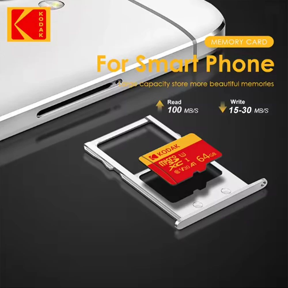 Kodak hoge snelheid ​ ​ Micro SD-kaart U3 Klasse 10, tot 100 MB/s, TF-geheugenkaart met adapter - Verkrijgbaar in 32 GB, 64 GB en 128 GB