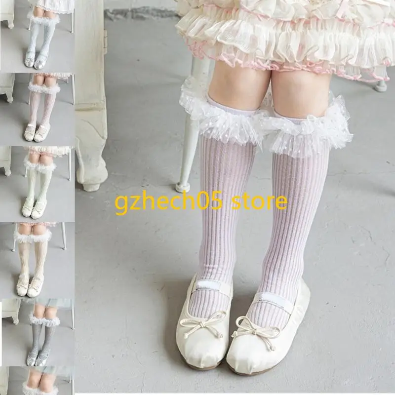 

D55E Breathable Cotton Baby Hosiery Over Knee Socks for Little Girls Lace Detailing Special Occasion Wear Comfortable