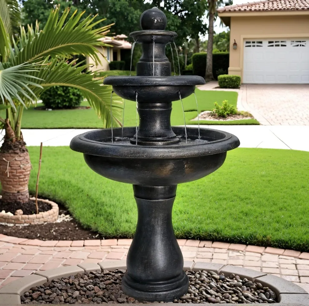 

45.2" High 3-Tiers Modern Concrete Outdoor Water Fountain - Round Large Outdoor Fountains and Waterfalls (Black, 45.2inch)