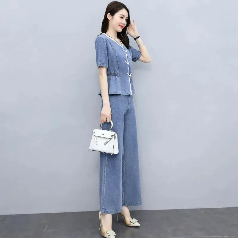 One Piece/Set Ice Silk Denim 2PCS Women 2024Summer New Cowboy Suit Casual Jacket Outfit Thin Wide-Leg Pants Two-Piece Female Top