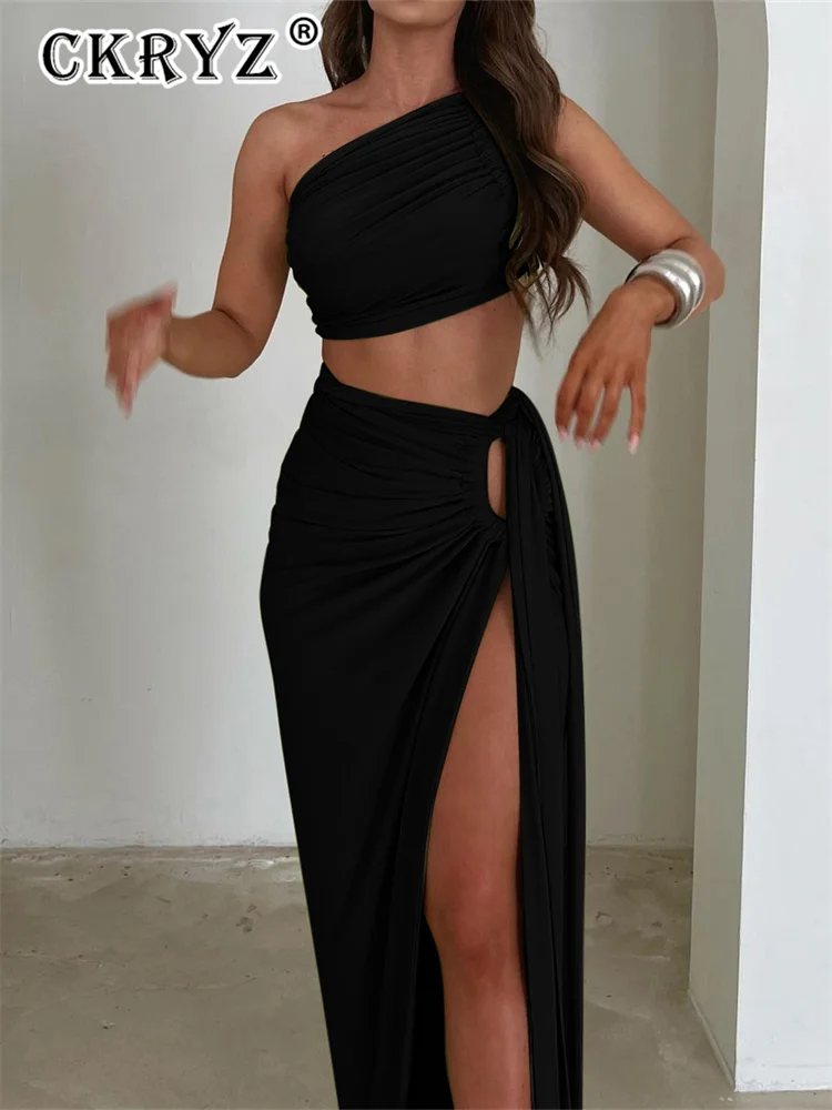 Ladies Spring 2 Pieces Sleeveless Backless Strap Spit Crop Top Side Slit Slim Fit Maxi Skirt Set Women Evening Party Clubwear