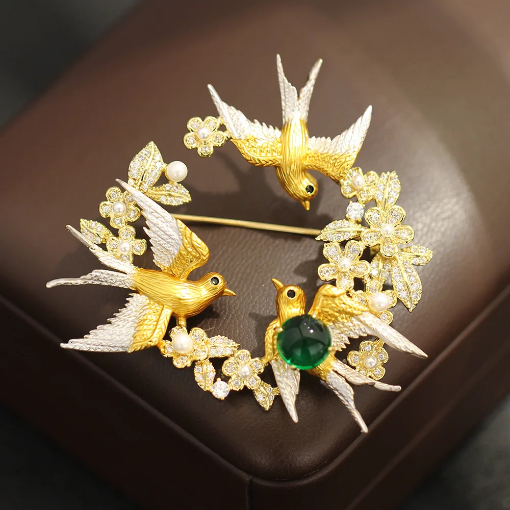 French Vintage Swallow Brooch，Enamel Drip Ring Design, Elegant Statement Bird Corsage