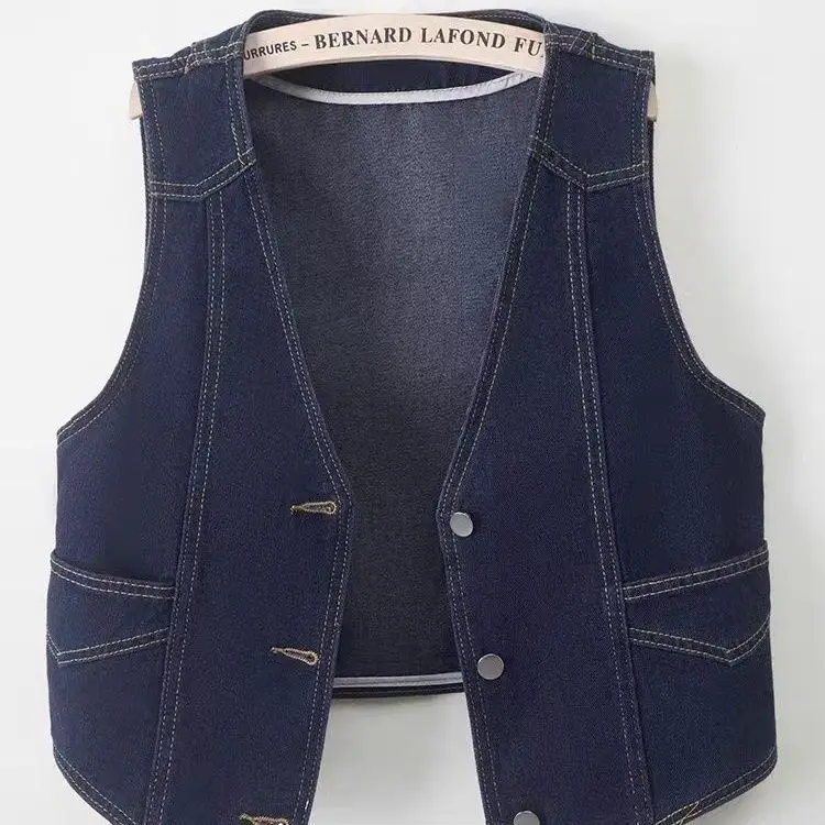 

V-neck Deep Blue Denim Vest For Women's Spring And Summer 2025 New Short Sleeveless Vest Jacket With Shoulder Vest