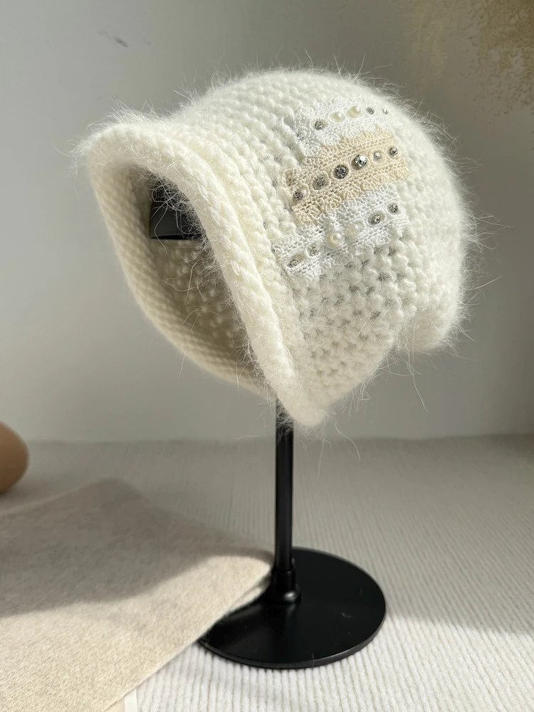 手編みの白いウサギの毛糸の帽子女性のファッショナブルなオールマッチニット耳保護帽子スタイリッシュな騒々しい帽子暖かい