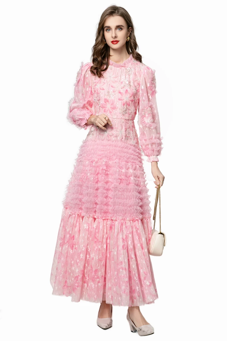 Vestidos femininos o pescoço mangas compridas impresso em camadas babados elegante designer de moda festa vestidos vestido de noite